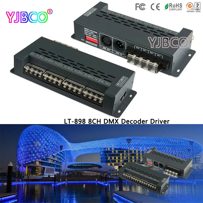 

led Driver LT-898 New DMX Decoder Converts 6 RGB strip Controller DMX512 Decoder XLR-3 RJ45 Port 12V Multi 8 Channel Output
