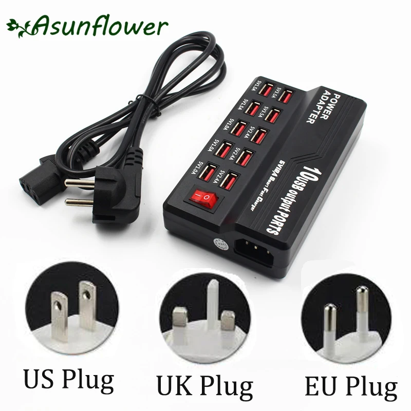 

Asunflower USB Hub 10 Ports 5V Fast Charging Hub Station Wall Travel Desktop Power Adapter For Tablet Pad Phones Charger 10 Port
