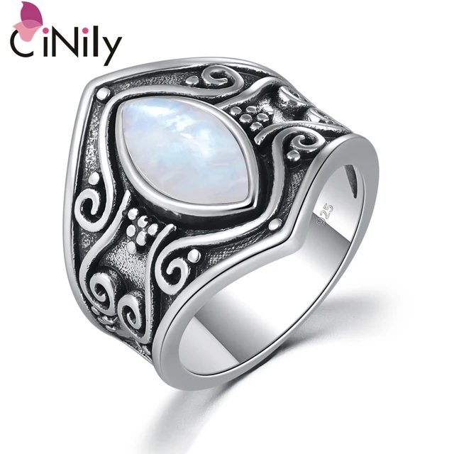 CiNily Big Natural Moonstone Silver Ring Gothic Men Women Signet Crescent Black CiNily Big Natural Moonstone Silver Ring Gothic Men Women Signet Crescent Black