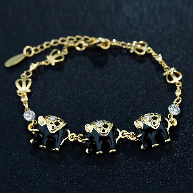 Gold Color Black Elephant Bracelet Woman Jewelry Fashion Charm