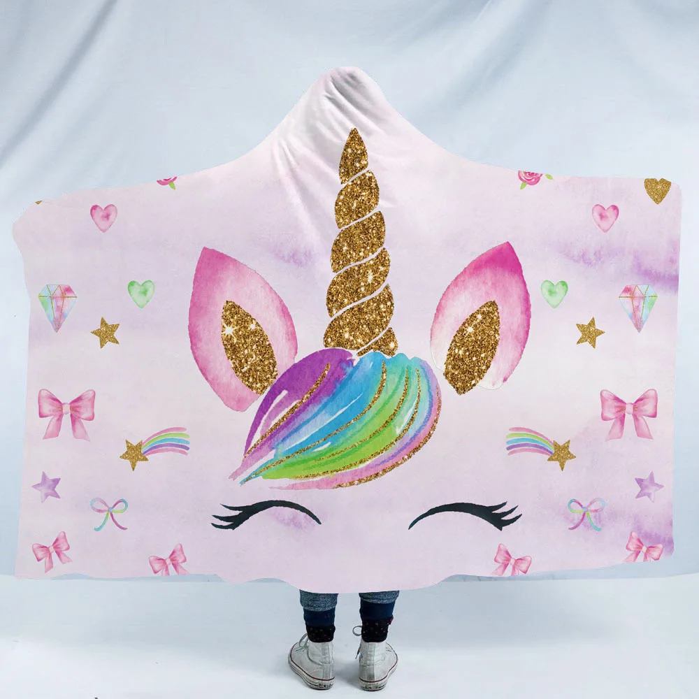 Мультфильм розовый милый Единорог носимых одеяло с капюшоном флис теплые зимние мягкие для взрослых и детей большой пледы Одеяло Женщин