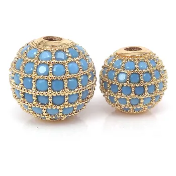 

Pure Gold 8mm 10mm 12mm Micro Pave Lake Blue CZ Round Spacer Beads For Jewelry Making Bracelet Necklace DIY Round metal Bead