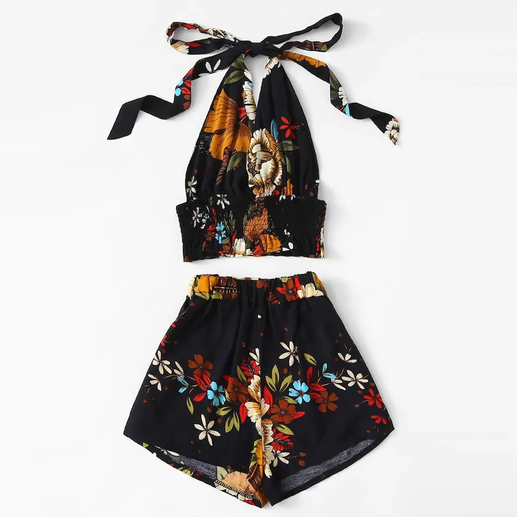 

Sexy Women 2 Piece Set Women Halter Floral Printed Blouse Pullover Tops + Shorts Pants Set Suit Festival Clothing Feminina