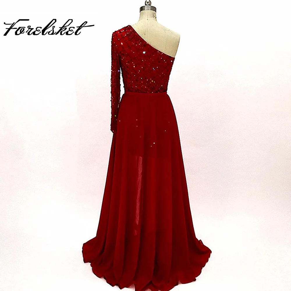 

Removable Skirt Two Pieces Chiffon Prom Dresses 2020 Red Crystal Beading Formal Evening Party Gowns Long Sleeves One Shoulder