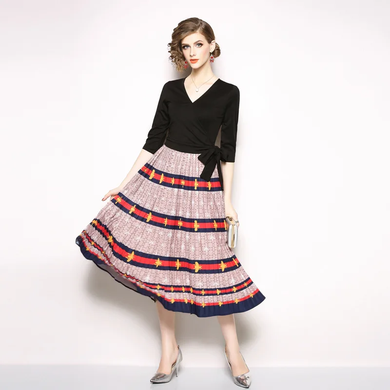 Womens Woman Vintage Designer V-neck Patchwork Printed Pleated Runway Slim Ladies Wear Cocktail Party Swing Dress Dresses N9644 | Женская