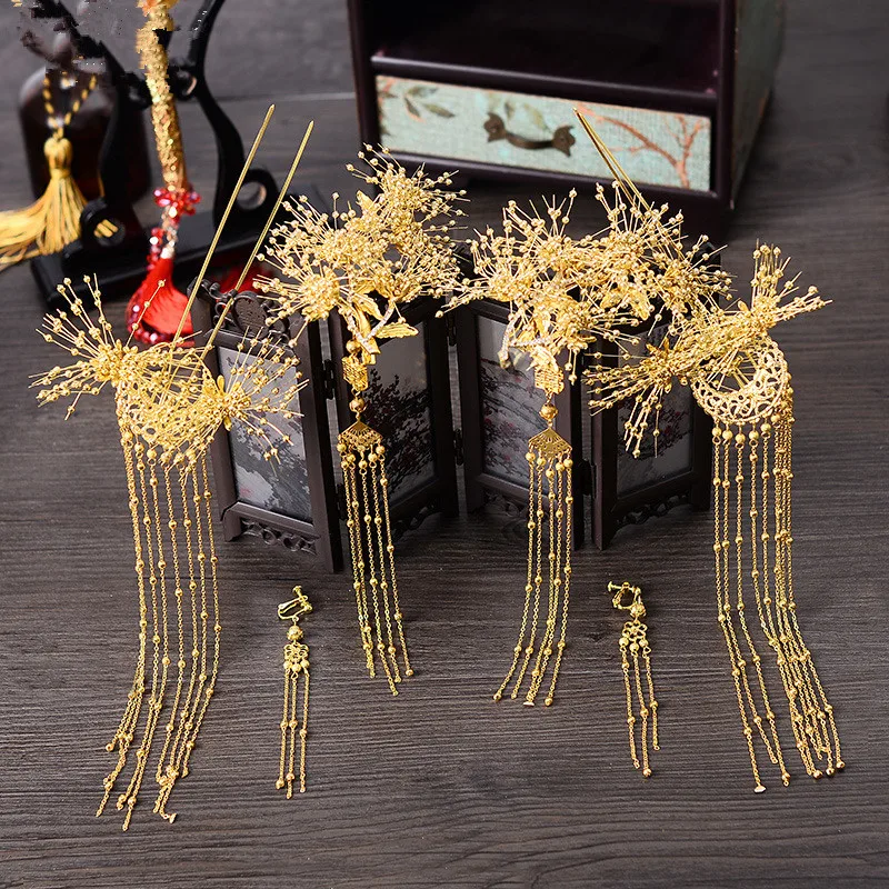 JaneVini роскошный китайский свадебный головной убор с серьгами костюм золотистые шпильки для волос длинные кисточки невесты Свадебные украшения Аксессуары для волос
