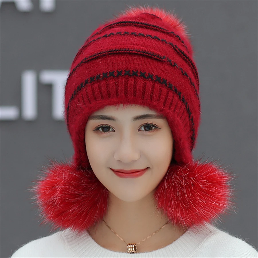 

New Winter Rabbit Fur Hat Women Beanies Sweet Cute Autumn Students Hedging Cap Thick Warm Wool Knit Hats Lady Hair ball Earmuff
