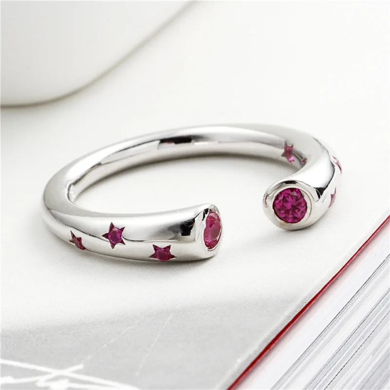 Pink zircon stars open ring100% Sterling 925 silver Jewelry Vintage Adjustable rings for women girl gift free size ring