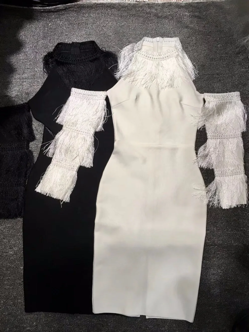 

Black White Long Sleeve Tassel Off the Shoulder o neck Cocktail Bandage Summer2018 vestidos women bodycon Celebrity Party Dress