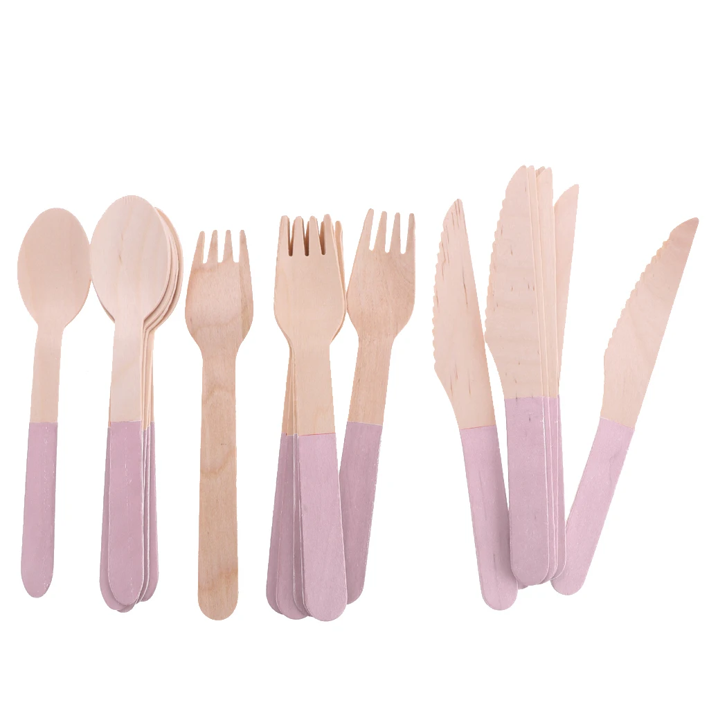 Pieces of 24 Vintage Disposable Wooden Fork Spoon Knife Home Party BBQ Tableware Cutlery Set