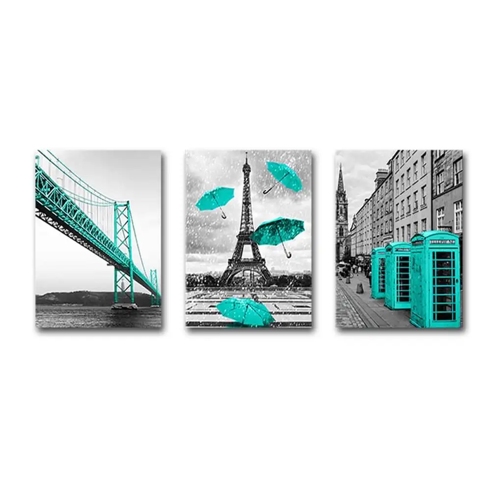 Постеры на холсте с изображением Парижской башни и видом на город, картина с морским пейзажем, абстрактный пейзаж, произведение искусства для домашнего декора - Цвет: W3022