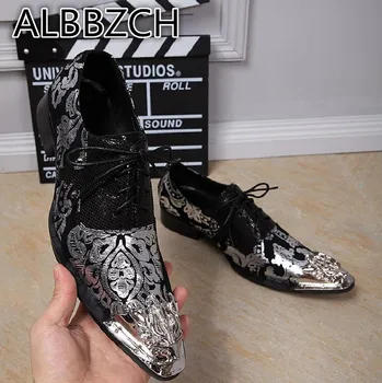

Men's Pointed Toe Oxfords wedding shoes Men Fashion Party Dress Shoes Luxury Metal Dragon Brand Designer Nightclub Bar Man Shoes