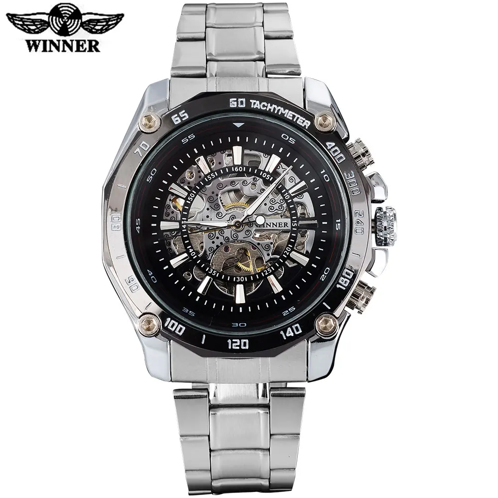 WINNER fashion casual men mechanical watches famous hot brand men skeleton black wristwatches stainless steel band