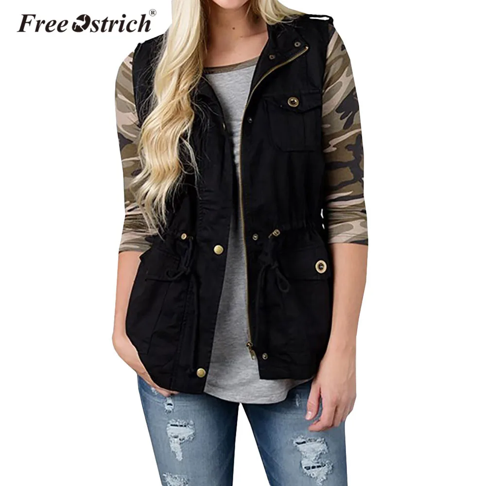 Free Ostrich Vest Women Casual Cardigan Solid Zipper Button Sleeveless Turn-down Collar Breasted Woman Coat L0140