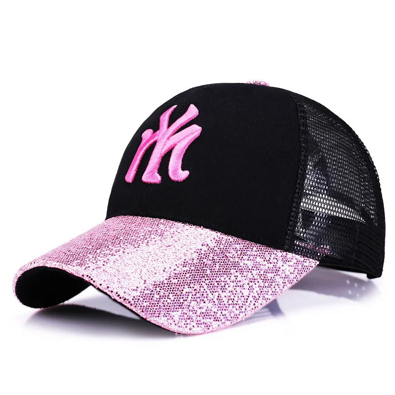 QIXINCAT New Fashion Shiny Glett Women Summer Sports Outdoors Adjustable Mesh Baseball Cap NY Embroidery High Quality Punk Hat - Цвет: Pink