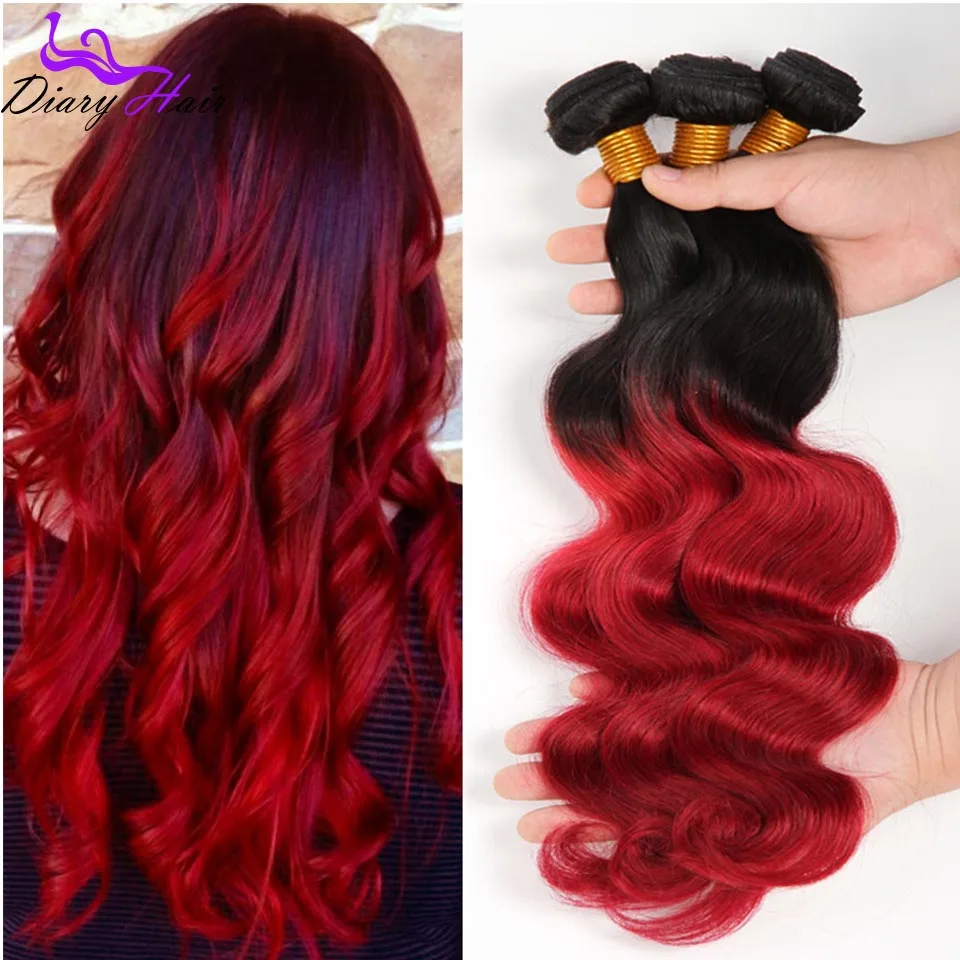 Brazilian ombre virgin hair body wave 7A unprocessed #1b red human extensions cheap black to two tone weave 100g |