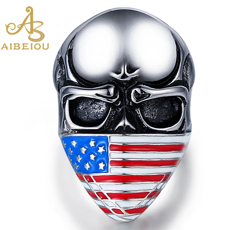 

Aibeiou Mens Stainless Steel Ring American Flag Mask Skull Fashion Jewelry