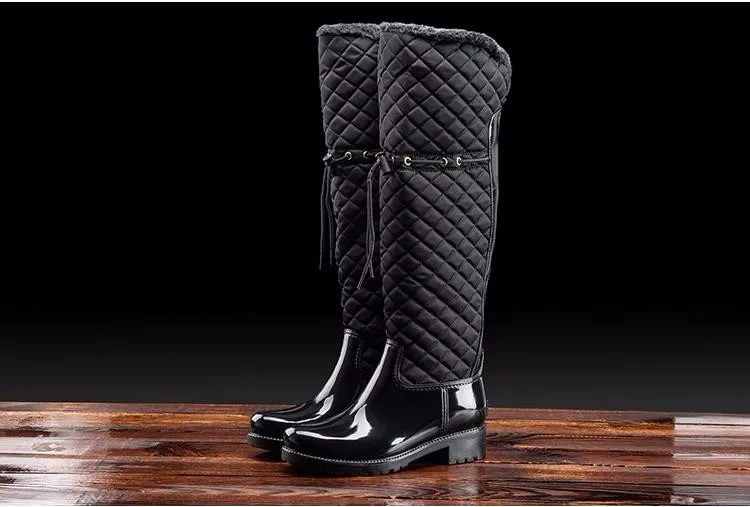 Rouroliu/женские резиновые непромокаемые сапоги в стиле пэчворк на квадратном каблуке, зимние теплые резиновые сапоги на меху, женская обувь TR219