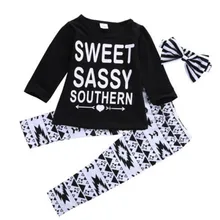 Новорожденный ребенок для мальчиков и девочек с надписью Футболка с длинными рукавами топ+ леггинсы с принтом длинные штаны комплект из 3 предметов для маленьких мальчиков и девочек