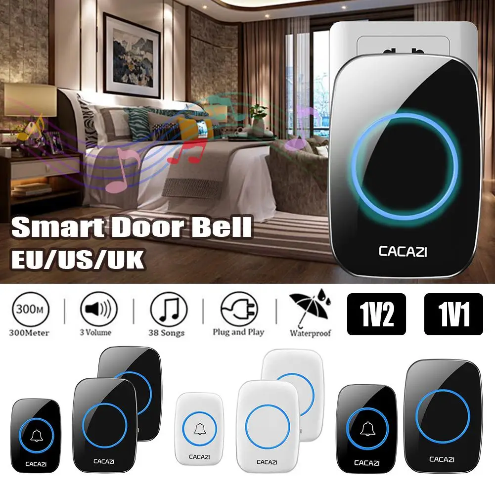 

Waterproof 1V2 Transmitter 1V2 Receiver 38 Ringtones LED Indicator Door Chime Wireless Doorbell 300M Range Smart Door Bell