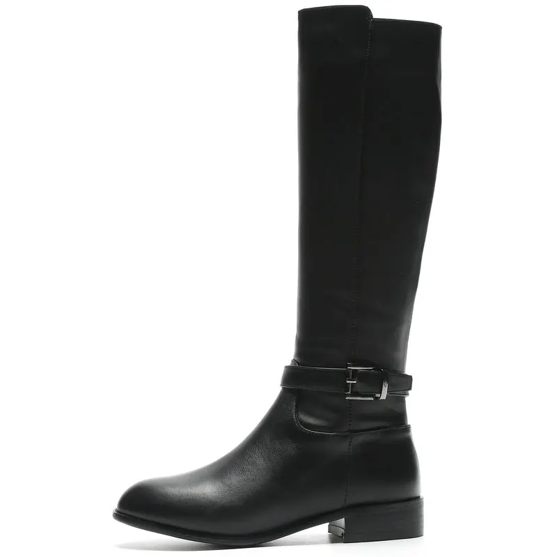 

Luxury Leather Knee Boots Fashion Comfort Low-Heel Buckle Motorcycle Boots Woman Round Toe Shoes Ladies Black Winter Shoes Women