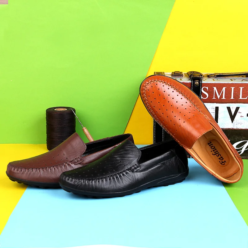 

Plus size 36-47 Handmade Genuine Leather Men Shoes breathable with hole Outdoor Business fashion Men comfortable Casual Shoes w5