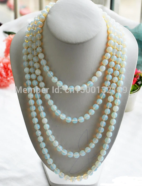 

j00516 100" 10mm round Cream white opal bead necklace
