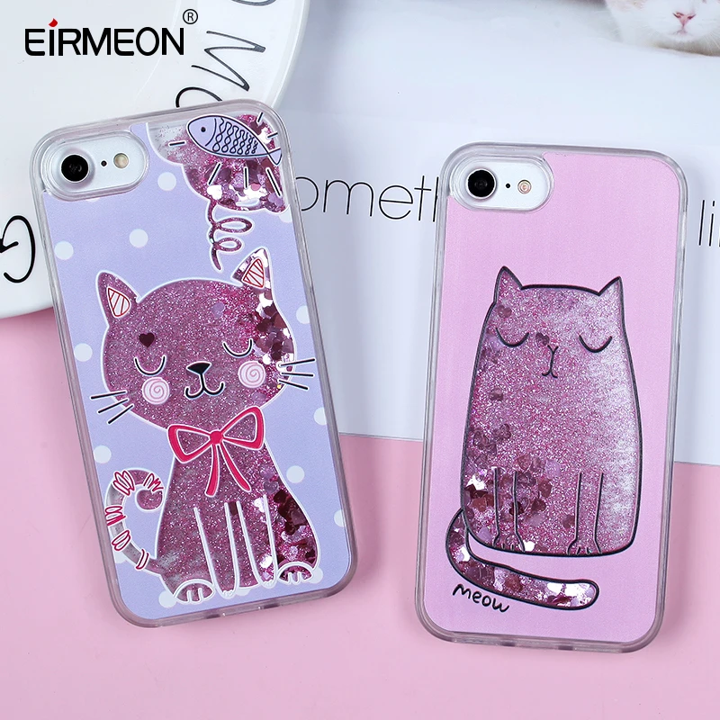 

EIRMEON Quicksand Phone Cover For iPhone 7 8 Plus Case Soft TPU Capa For iPhone X Dynamic Liquid Transparent Back Cases Cute Cat