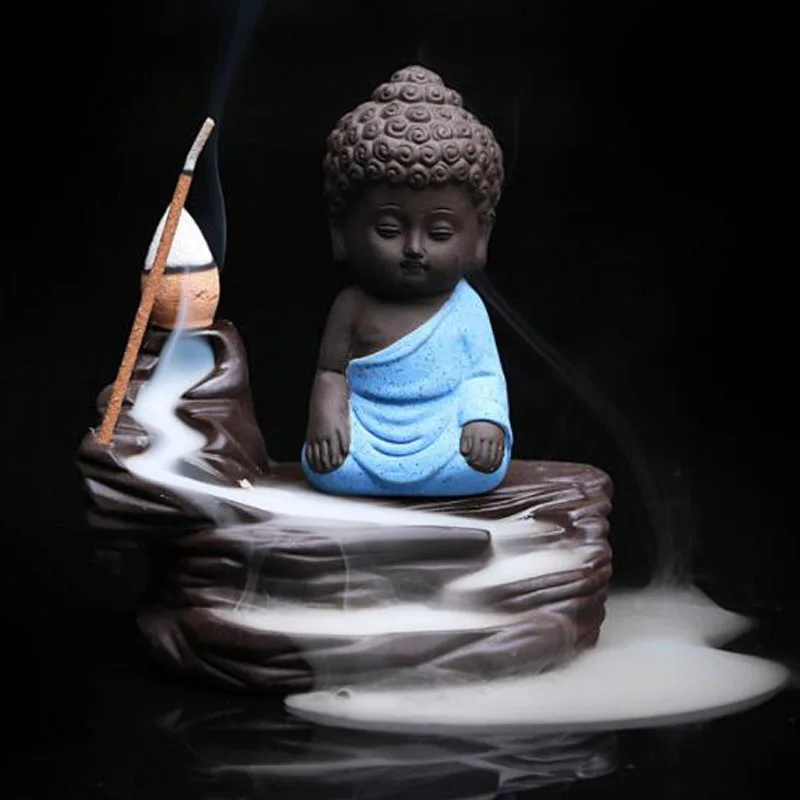 Backflow Incense Burner Ceramic Little Monk Stick Incense Holder Home Decor Aromatherapy Buddha Censer+ 20Pcs Incense Cones - Цвет: Think Blue