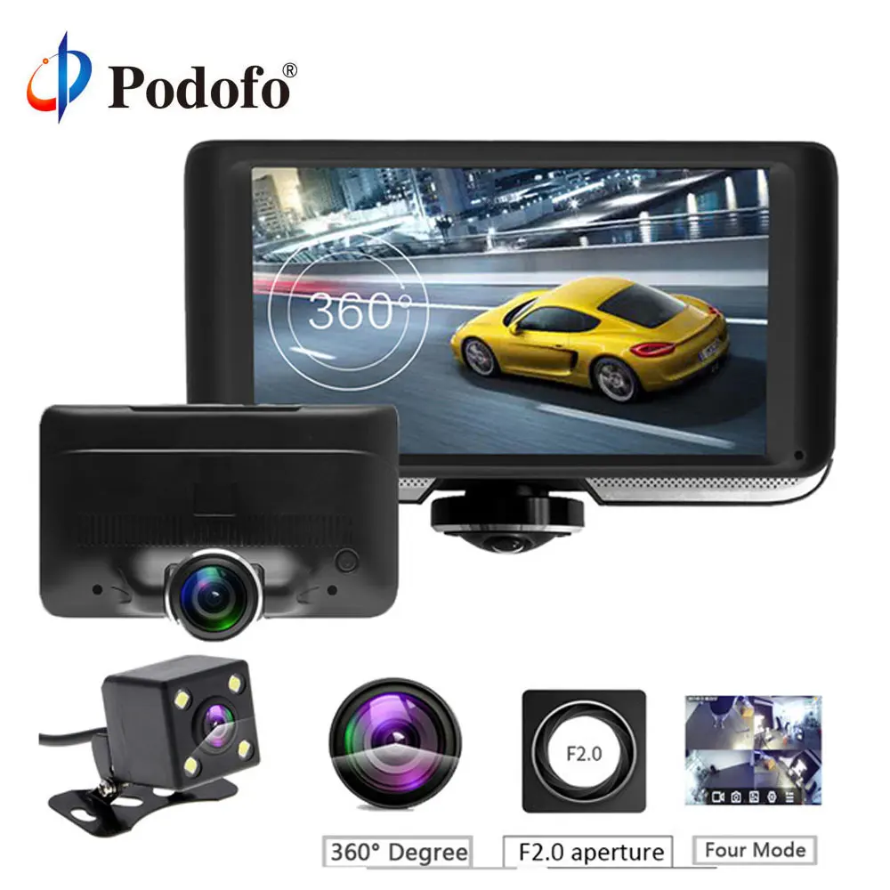 

Podofo 4.0'' IPS Touch Screen 360 degree Full HD Car DVR Camera Dual Lens Dash Cam with Rear View Registrar Fisheye Lens Dvrs