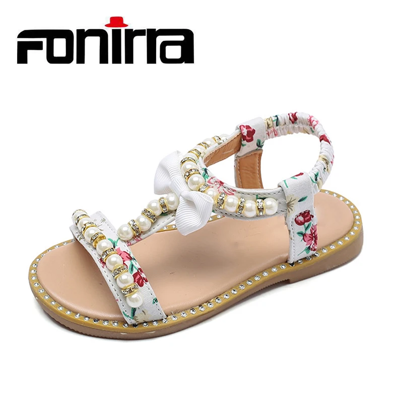 

Fonirra Summer Girls Pearl Bowtie Sandals T-strap Slip On Children Beach Shoes Princess Flat Baby Open Toe Sandals Shoes 579