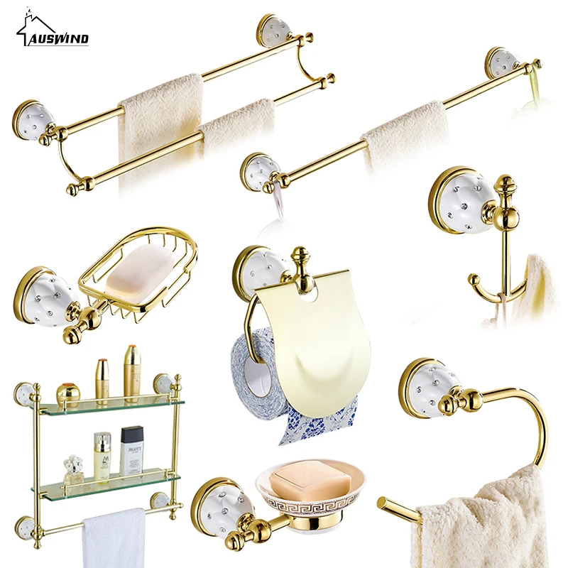 Günstig Kristall Messing gold badezimmer zubehör set handtuch rack haar trockner rack doppel zahnbürste tasse keramik bad hardware suite
