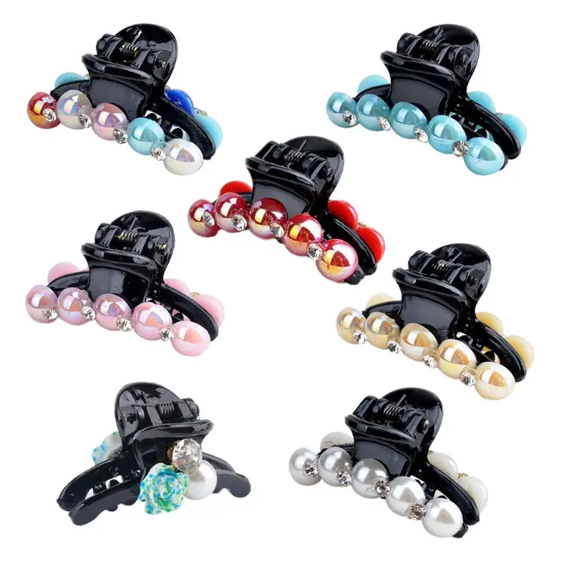

Womens Colorful Faux Pearl Rhinestone Embellishment Hair Crab Acrylic Clamp Claws Bridal Barrettes Floral Top Gripper Elegant