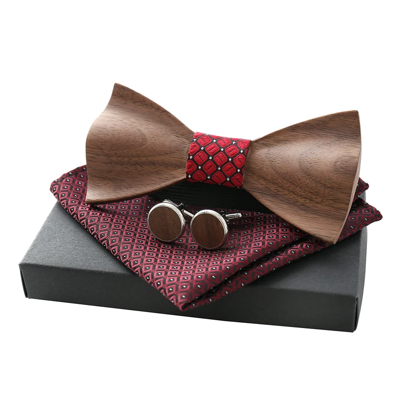 Unisex High-end Natural Wood Raised Bow Tie For Wedding Logo Customized Wooden Ties Set 6 Color Free Handkerchief Z304SQ