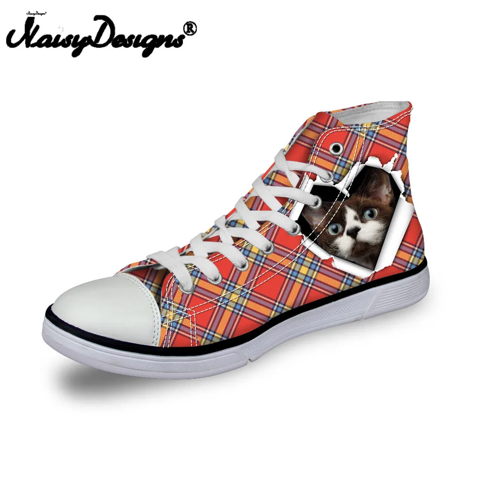 

Noisydesigns casual women sneaker girls vintage high top flat shoes ladies vulcanized canvas footwear plaid 3D cat in hole print
