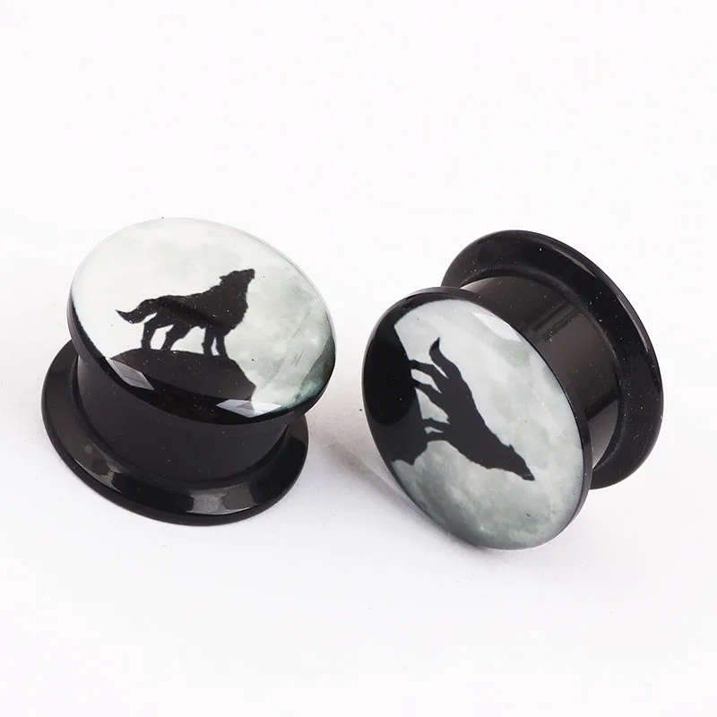 JunlowPY Acrylic custom ear plugs tunnels Night Wolf  piercing body jewelry ear expander gauges Earring kits Flesh tunnel