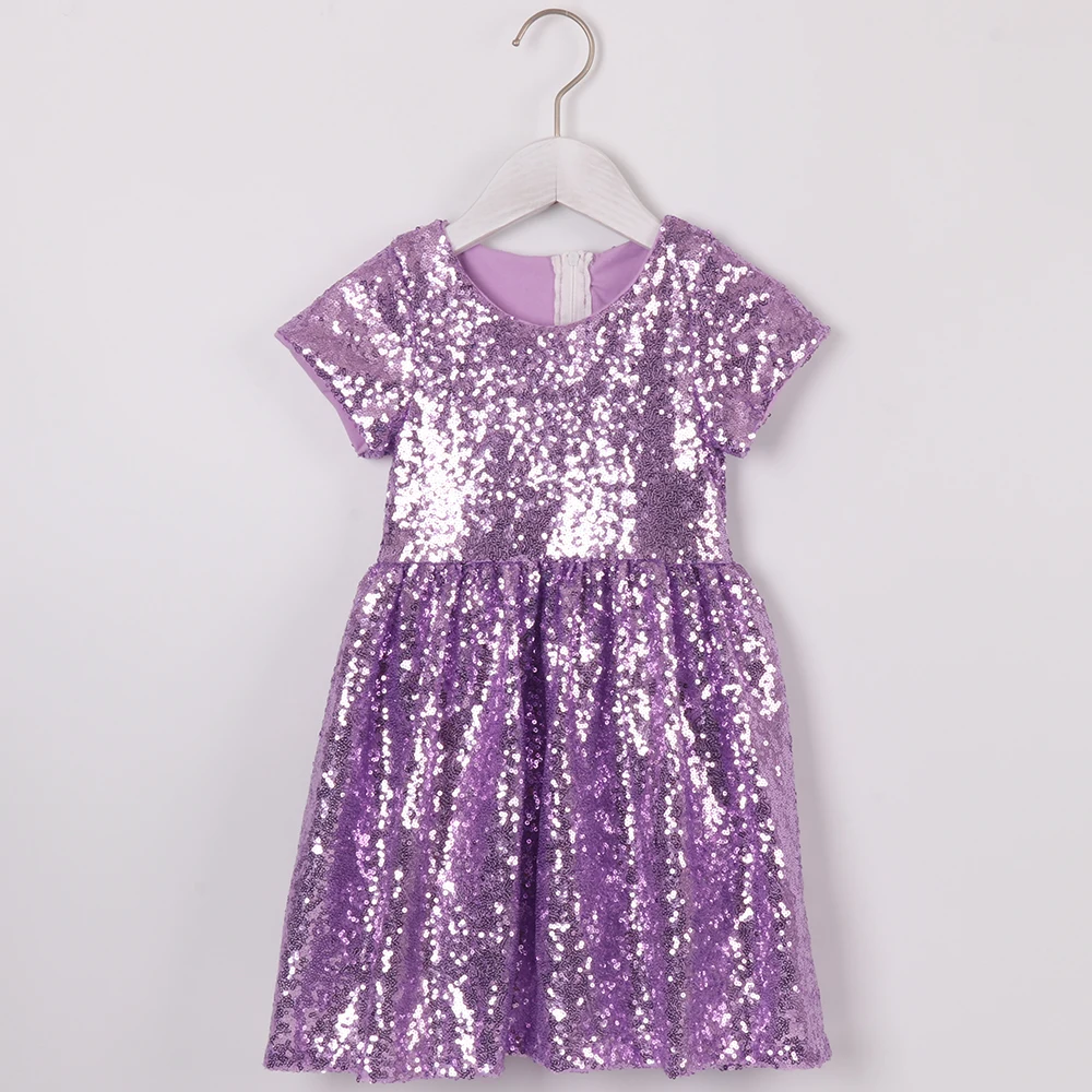 Платье с блестками для маленьких девочек; детское Золотое блестка Блеск; однотонное розовое платье с цветочным узором для девочек; праздничное платье с короткими рукавами - Цвет: PURPLE17