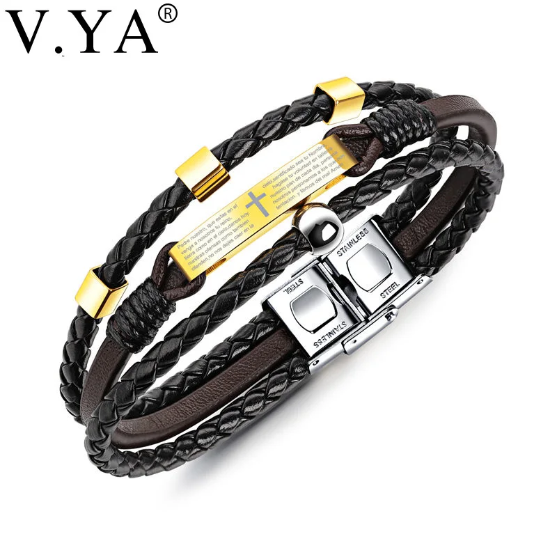

V.YA Fashion Men Bracelets Cross Stainless Steel 3 Rows Chain Cuff Punk Scripture PU Leather Bangles for Men Jewelry Drop Ship
