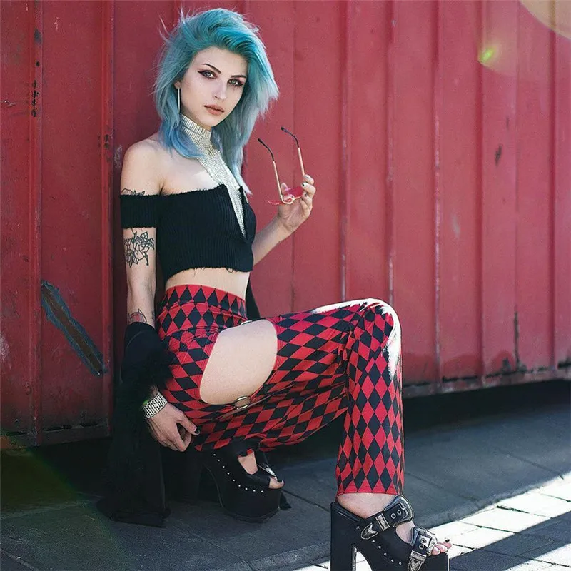 

Women Full Length Plaid Long Straight Female Trousers Casual High Waist Thin Stretch Fabrics Pencil Hollow Out Garters Pants