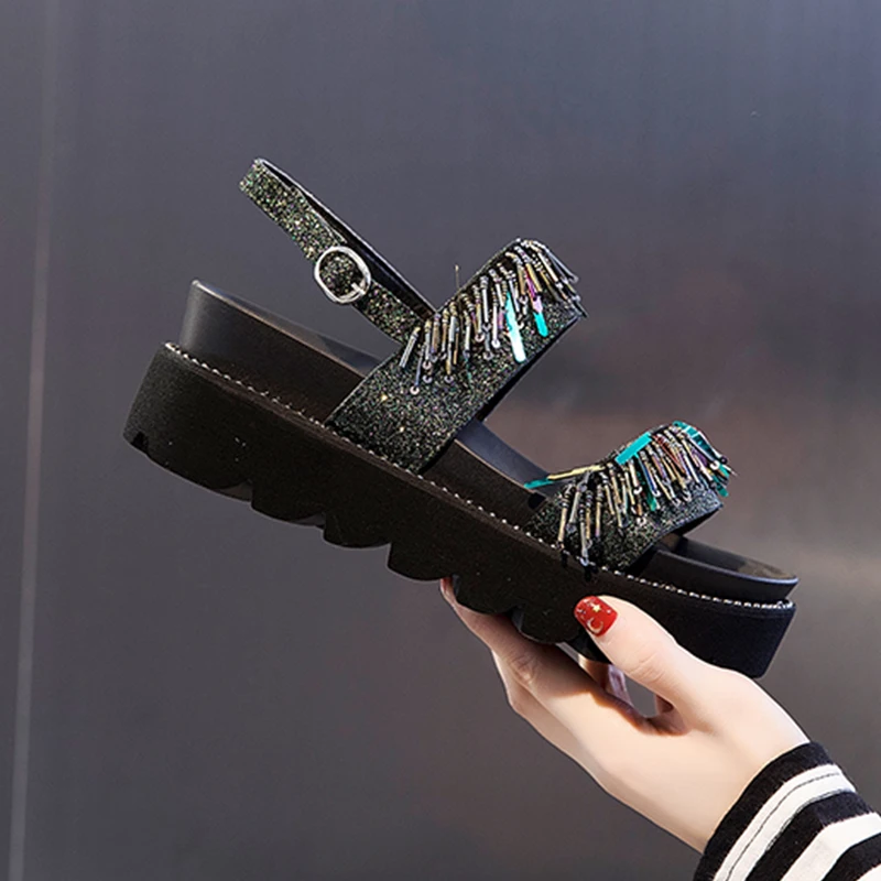 

JELLYFOND High Heels Platform Wedge Sandals Women Thick Bottom Sandals 2019 Glitter Crystal Gladiators Casual Summer Shoes Woman