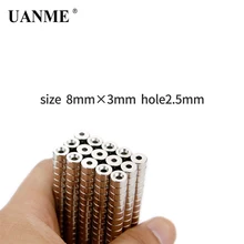 UANME 10 20 30 шт./упак. D8 x 3 мм магнитных материалов неодимовый магнит мини небольшой круглый диск отверстие 2,5 мм