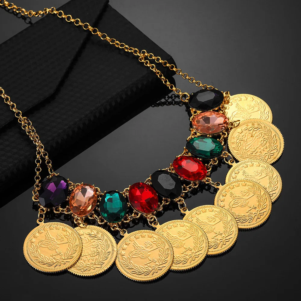 

Islam Middle East Muslim Necklace Jewelry Dubai Coin Colorful Crystal Allah Necklaces for Women Arab Coin Luxury Wedding Gift
