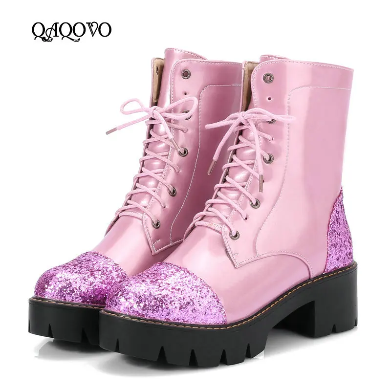 

2019 Lace Up Ankle Boots Women Fashion Sequined Pu Platform Boots Thick Low Heels Booties Autumn Winter Shoes Black Pink Silver