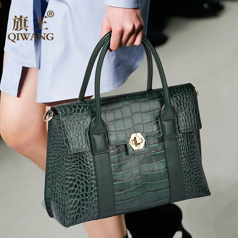 

Long Handle Green Tote Bags Fashion European Brand Designer Real Leather Women Handbags Genuine Leather Large Bags