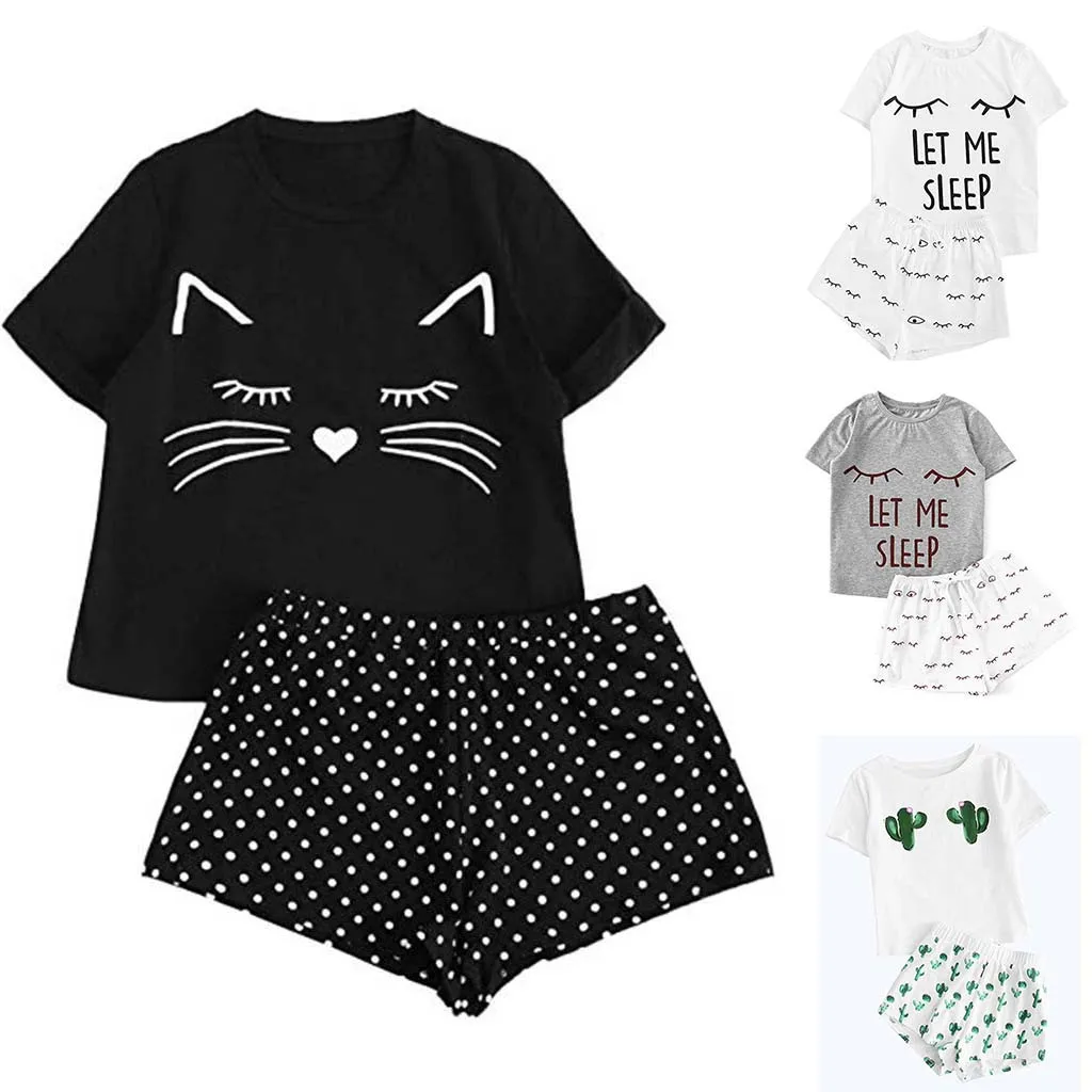 2 Piece Cute Set Women's Casual Shorts Short Sleeve Ruffled T-Shirt Casaul Sleepwear Nightwear Set With Cat Smile Print