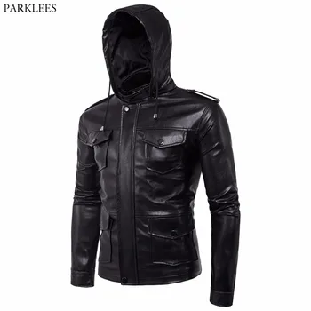 

Leather Hooded Jacket Men 2017 Motorcycle Men PU Leather Jacket Casual Zipper Pocket Leather Hoodie Jacket Jaqueta Masculino 5XL