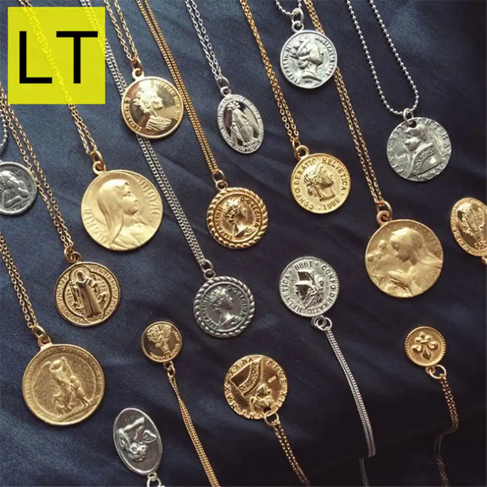 Золотистый цвет, Круглый ожерелья с монетками и кулоны из нержавеющей стали для Для женщин Простой Портрет талисман доллар Цепочки и ожерел...