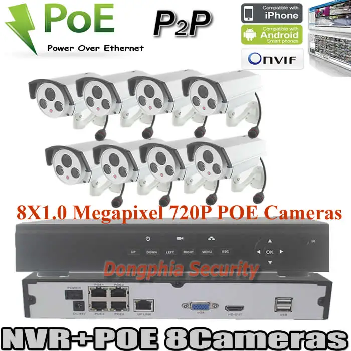 

Leading sale 8CH POE NVR for home use p2p H.264 POE NVR+8pcs outdoor waterproof bullet poe ip cameras