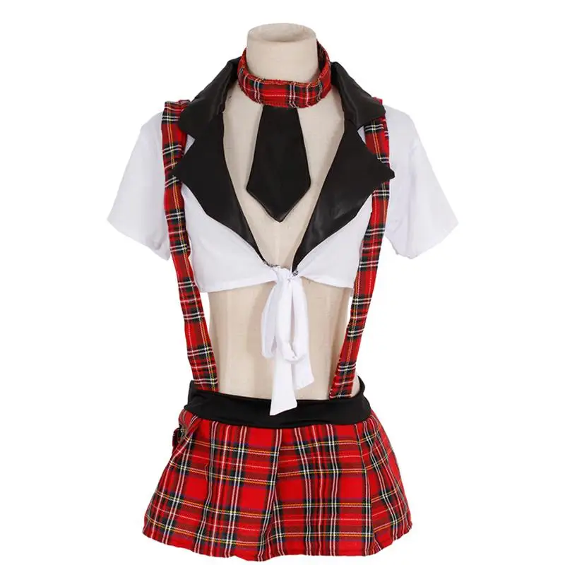 Sexy Costume Student Uniform Plaid Red Skirt Roll Play Woman Lingerie