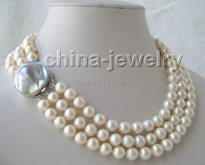 

W&O667 >>AAAA17-19"3row 10mm natural white round freshwater pearl necklace-silver Mabe clasp